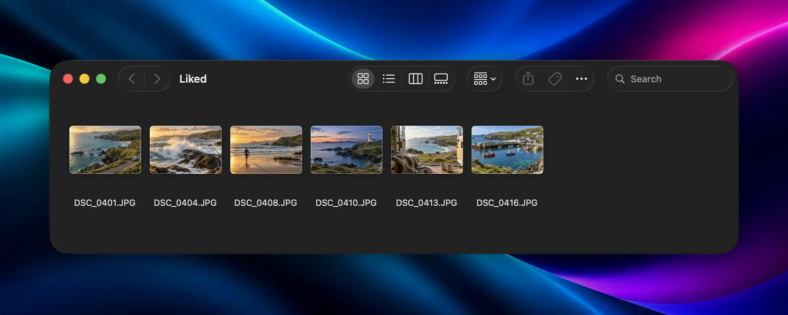 Finder showing the Liked folder with six photos