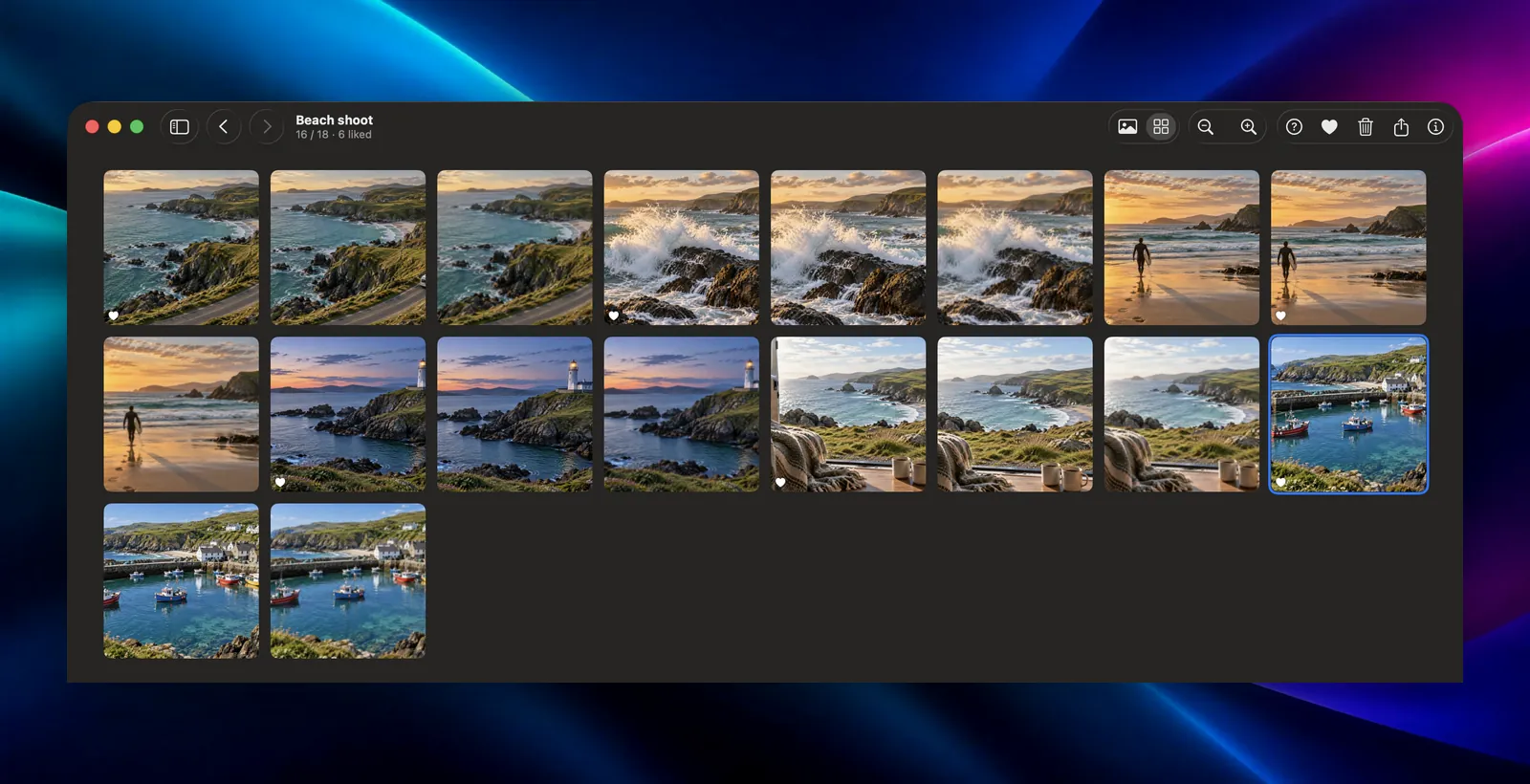 Galance's grid view with 18 photos in bursts of three, six of them marked with a heart