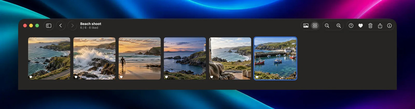 Only the six liked photos, shown in the grid after pressing S