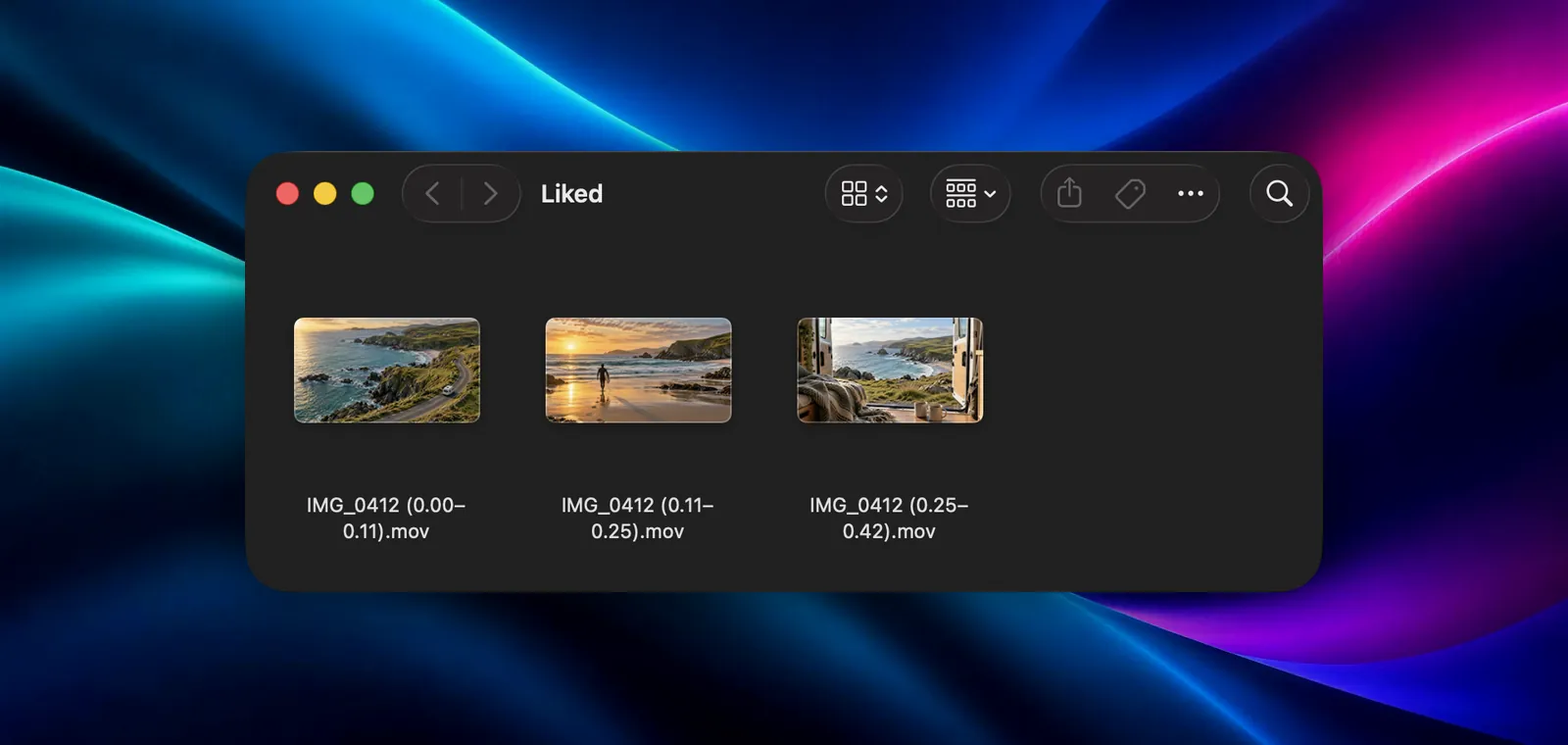 Finder showing three clips named IMG_0412 (0.00–0.11).mov, IMG_0412 (0.11–0.25).mov and IMG_0412 (0.25–0.42).mov