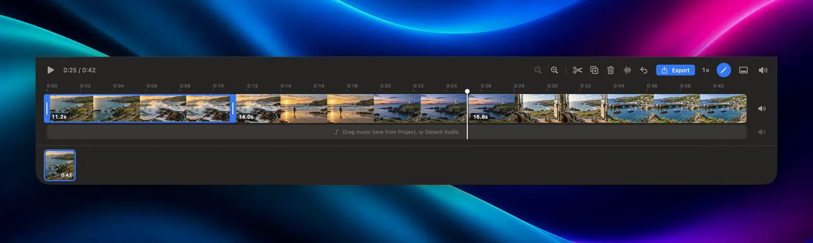 A 42-second video split into three pieces on Galance's timeline, the first piece selected