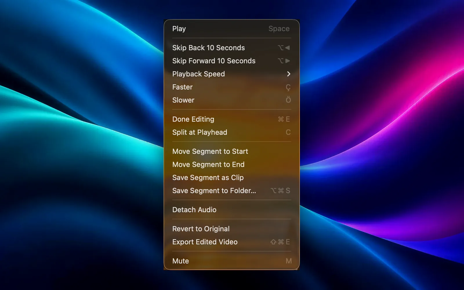 Galance's Video menu with Split at Playhead, Save Segment as Clip and Export Edited Video