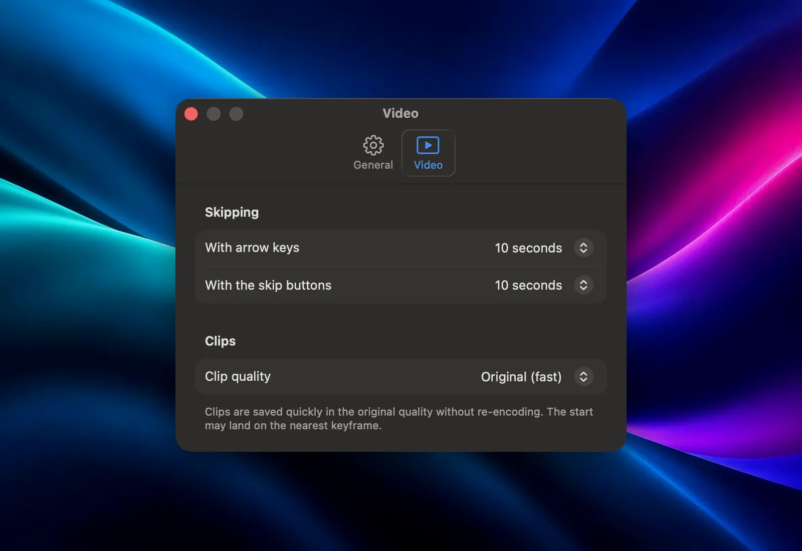 Galance Settings, Video tab, with Clip quality set to Original (fast)