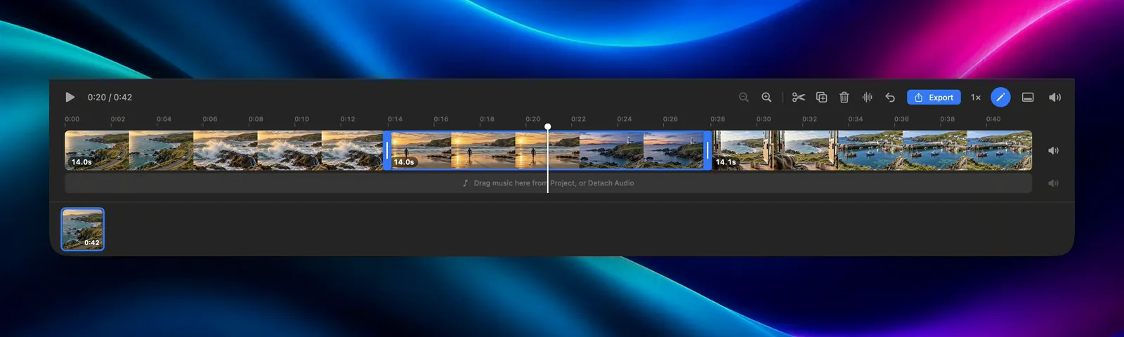 The timeline with two splits, at 0:14 and 0:28, and the middle piece selected
